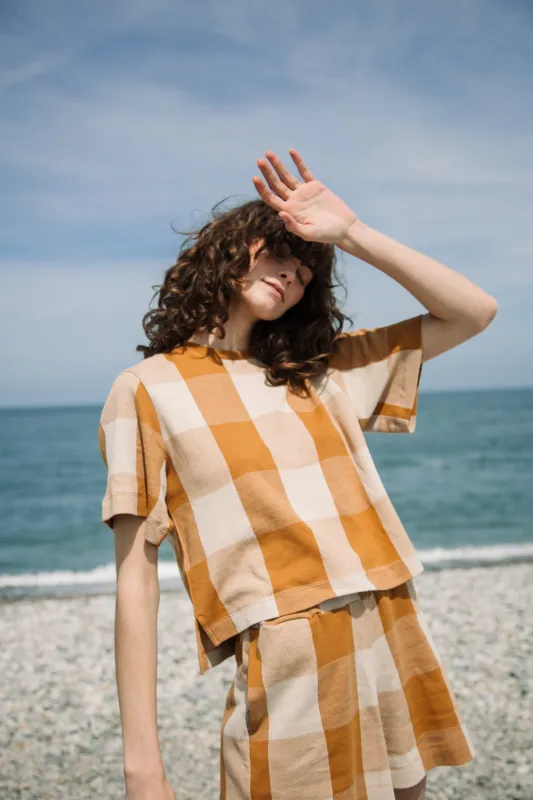 Bay-Cay Organic Cotton Top in Ecru and Golden Tan made by Beaumont Organic