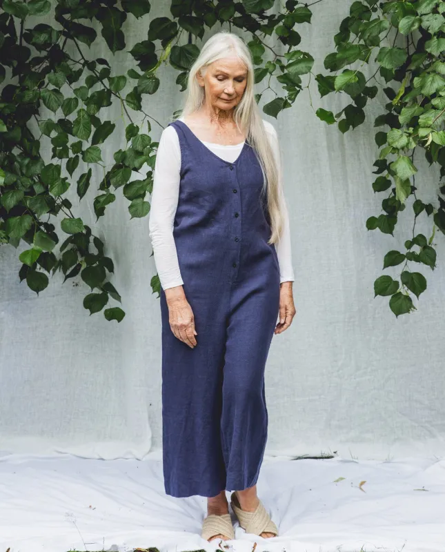 Gianna Linen Jumpsuit In Navy sold by Beaumont Organic