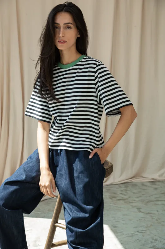 Bay-Sue Organic Cotton Jersey Stripe Top in Black & White Stripe made by Beaumont Organic