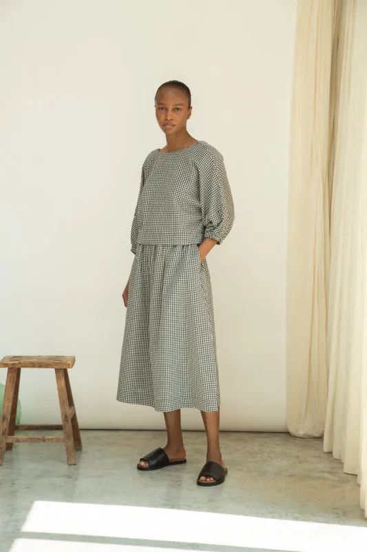 Goldie-Cay Organic Cotton Double Gauze Skirt in Monochrome Gingham sold by Beaumont Organic
