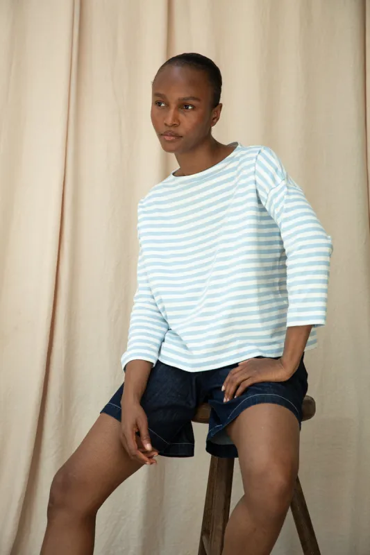 Leia-Sue Organic Cotton Jersey Stripe Top in Pale Blue & White Stripe made by Beaumont Organic