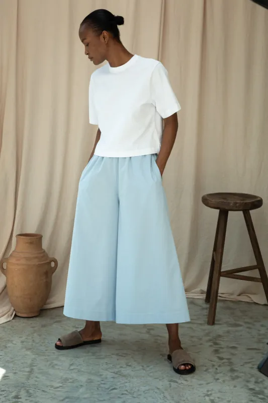 Mazu Organic Cotton Poplin Trouser in Powder Blue made by Beaumont Organic