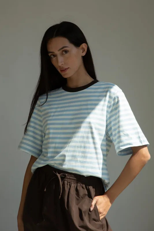 Bay-Sue Organic Cotton Jersey Stripe Top in Pale Blue & White Stripe made by Beaumont Organic