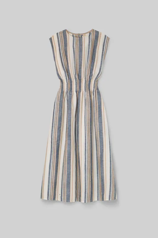 Ottillie-Sue Organic Cotton Woven Dress in Beige Multi Stripe sold by Beaumont Organic