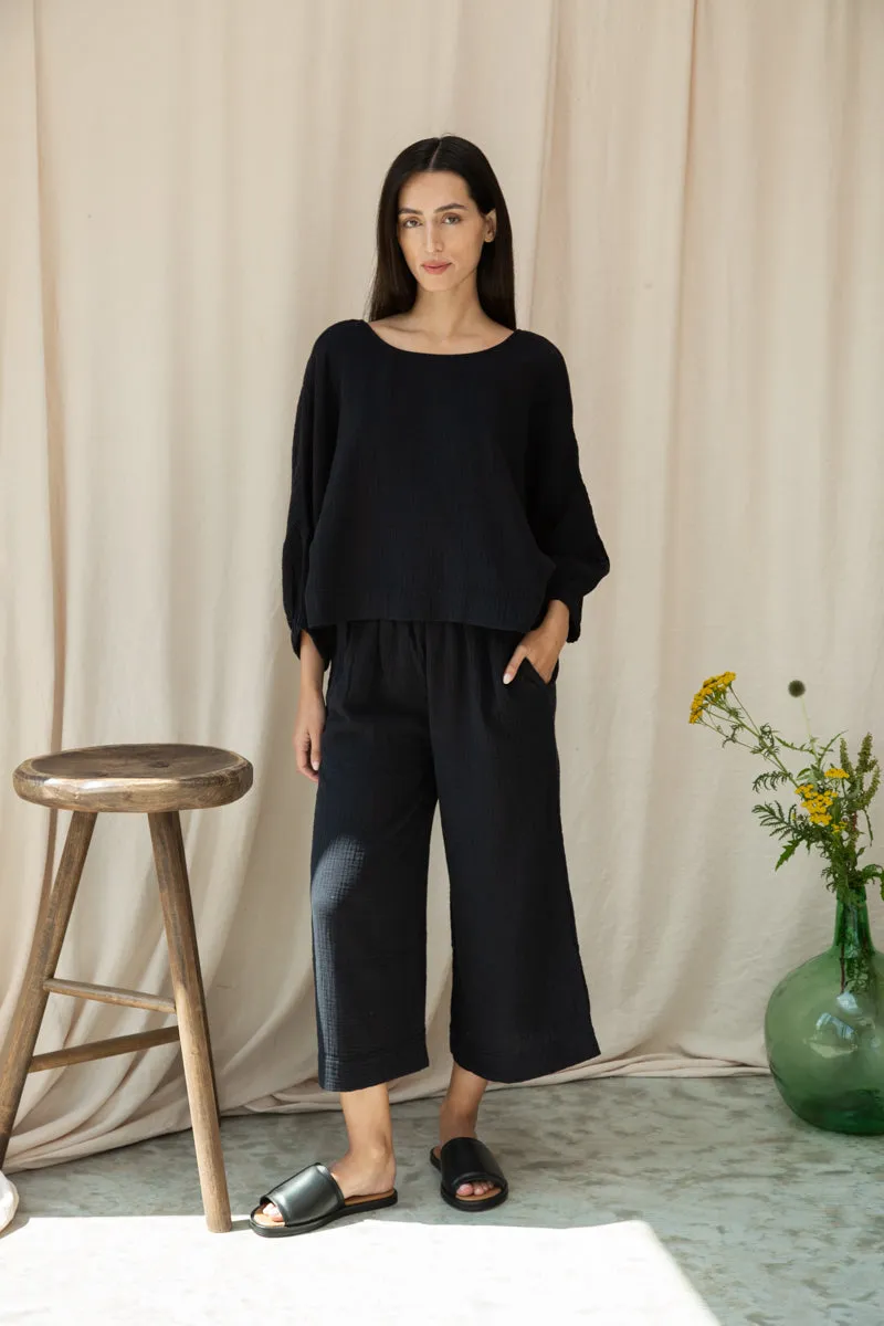 Evora Organic Cotton Cheesecloth Trousers in Black sold by Beaumont Organic product image thumbnail 2