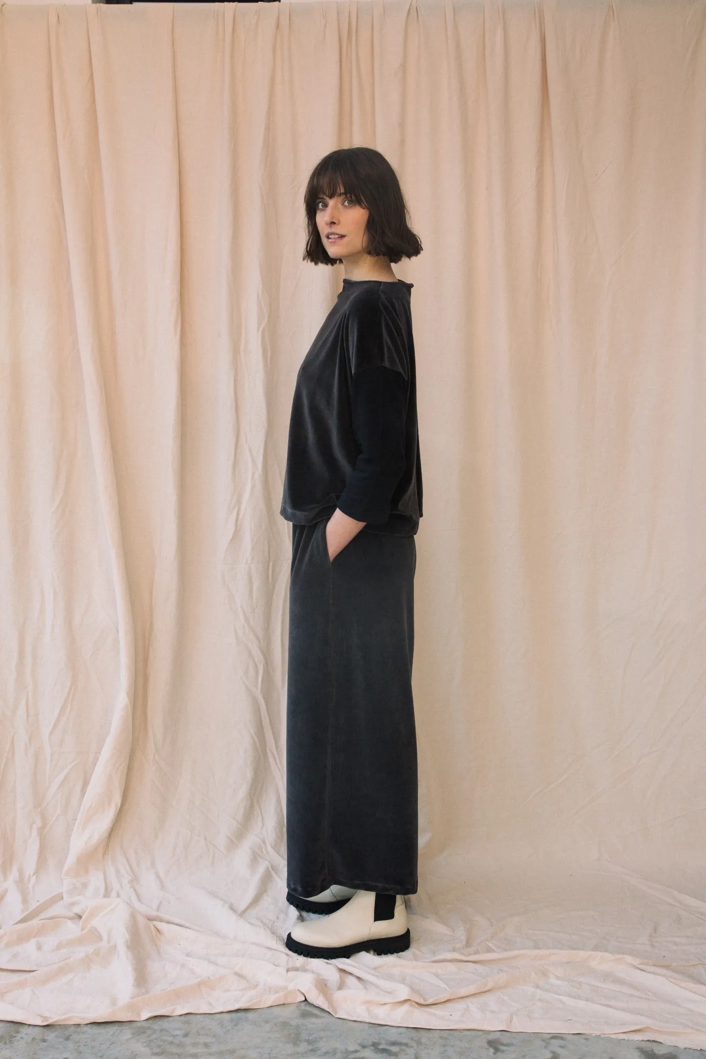 Odette Organic Cotton Velour Trouser in Charcoal sold by Beaumont Organic product image thumbnail 2