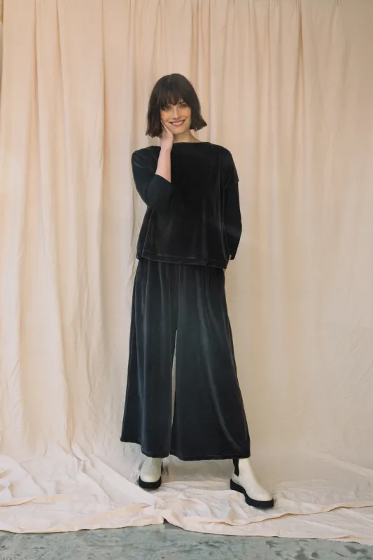 Odette Organic Cotton Velour Trouser in Charcoal made by Beaumont Organic