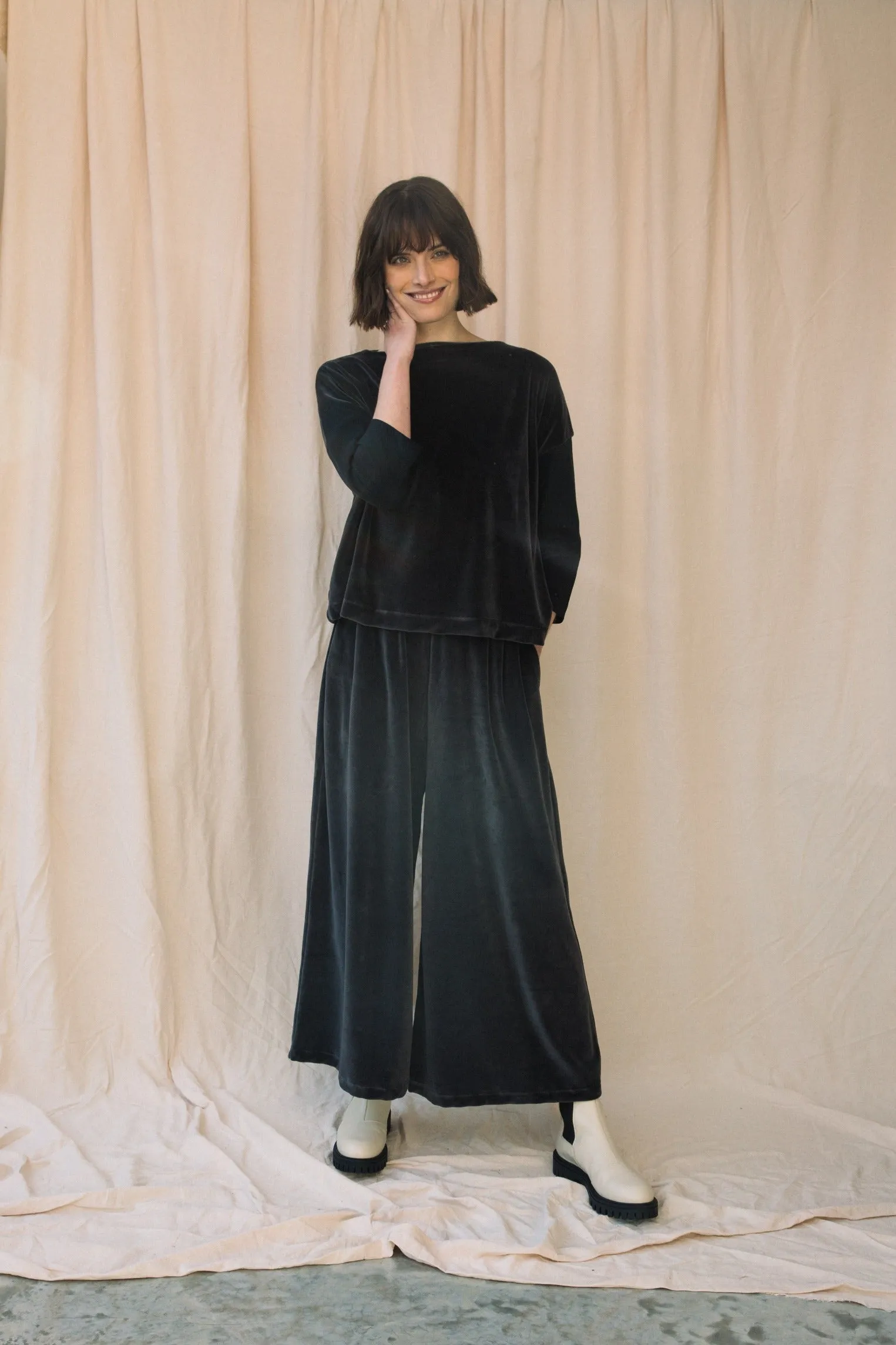 Odette Organic Cotton Velour Trouser in Charcoal sold by Beaumont Organic