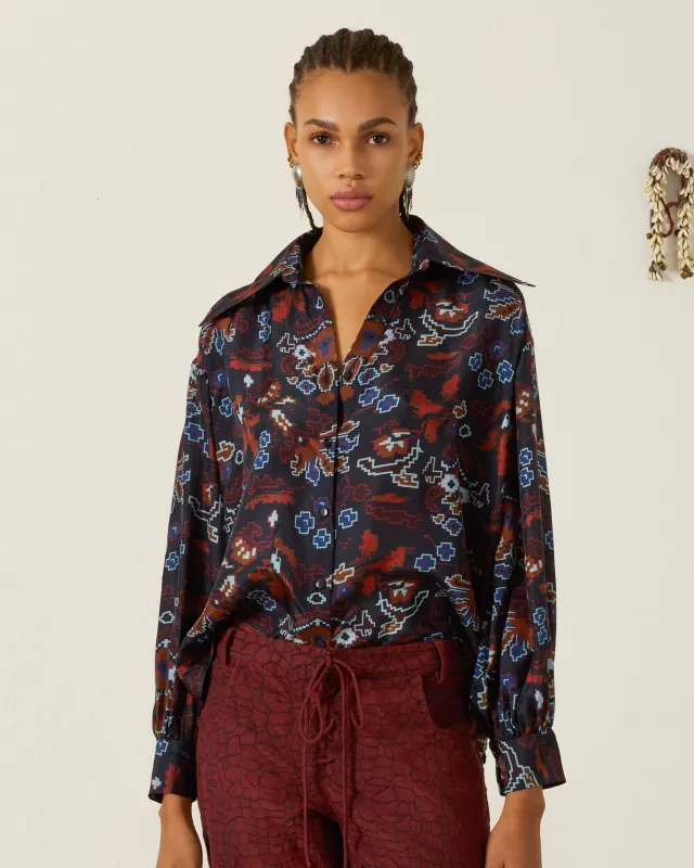 Emery Indigo Kilim Silk Shirt made by Alix of Bohemia