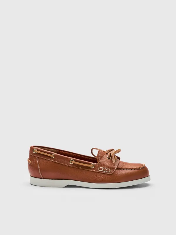 Nesso Brandy/Contrast Stitch Grained Leather Boat shoes sold by ATP Atelier