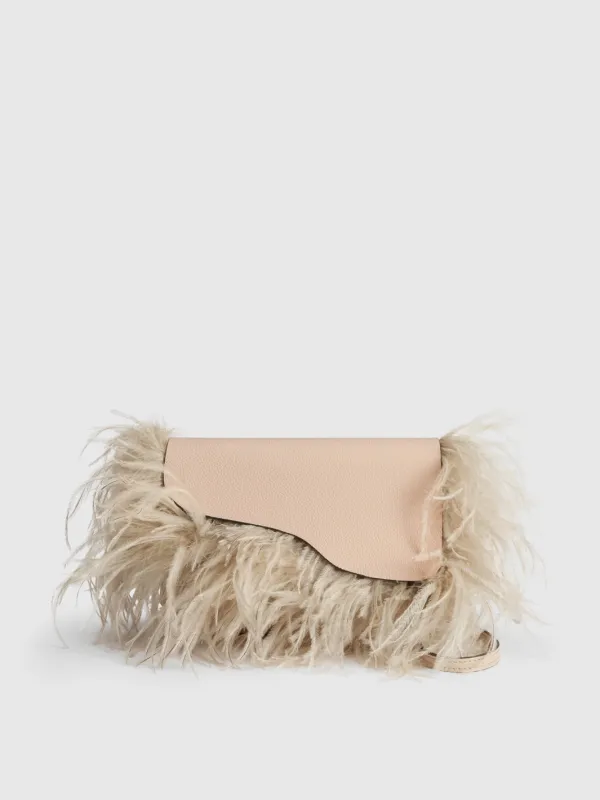 Scarlino Cipria Grained Leather/Feathers Pouch Bag made by ATP Atelier