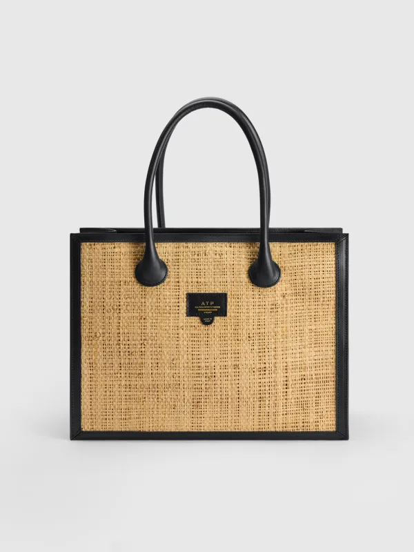 Montefalcione Natural/Black Raffia/Leather Book bag made by ATP Atelier