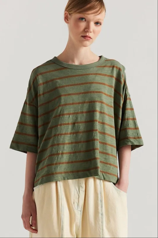 Obelisk Feeder Stripe Tee Olive/Tan Stripe made by Kloke