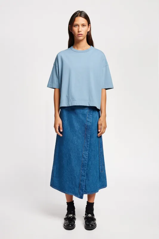 Parity Denim Wrap Skirt Mid Wash Denim made by Kloke