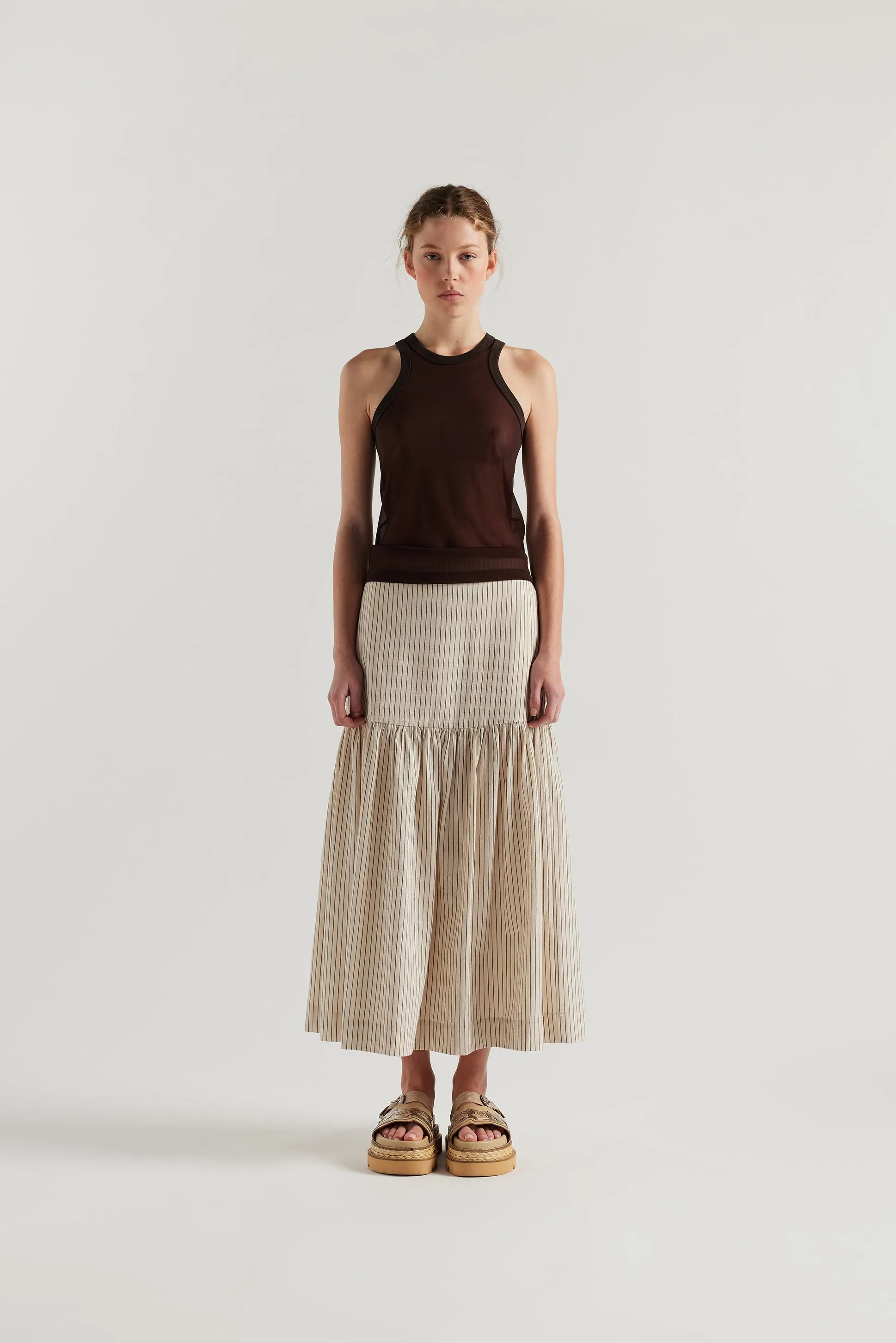 Nocturne Gathered Skirt Ecru Pin Stripe sold by Kloke