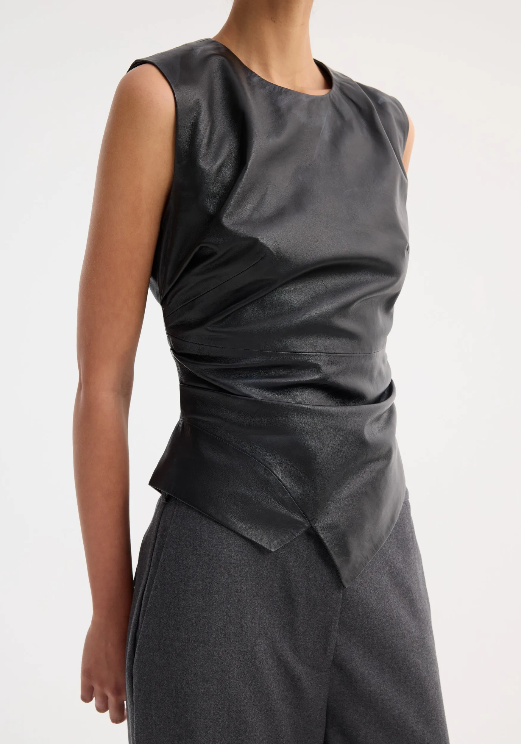 Sleeveless draped leather top | black sold by Rohe product image thumbnail 2
