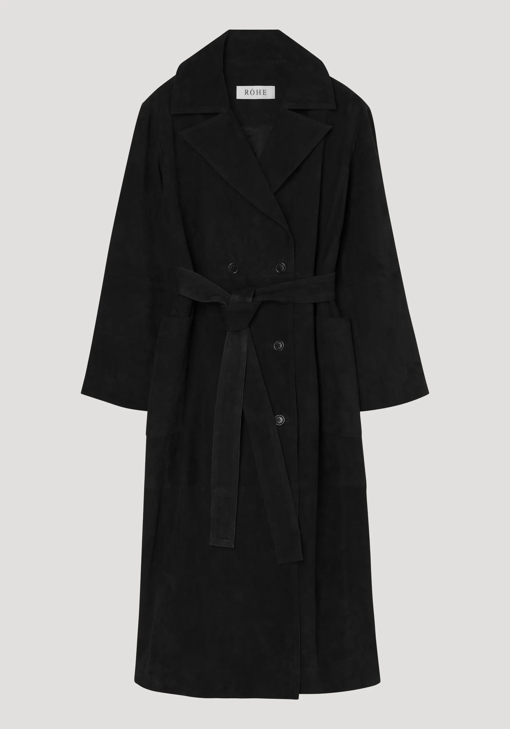Suede belted wrap coat | black sold by Rohe