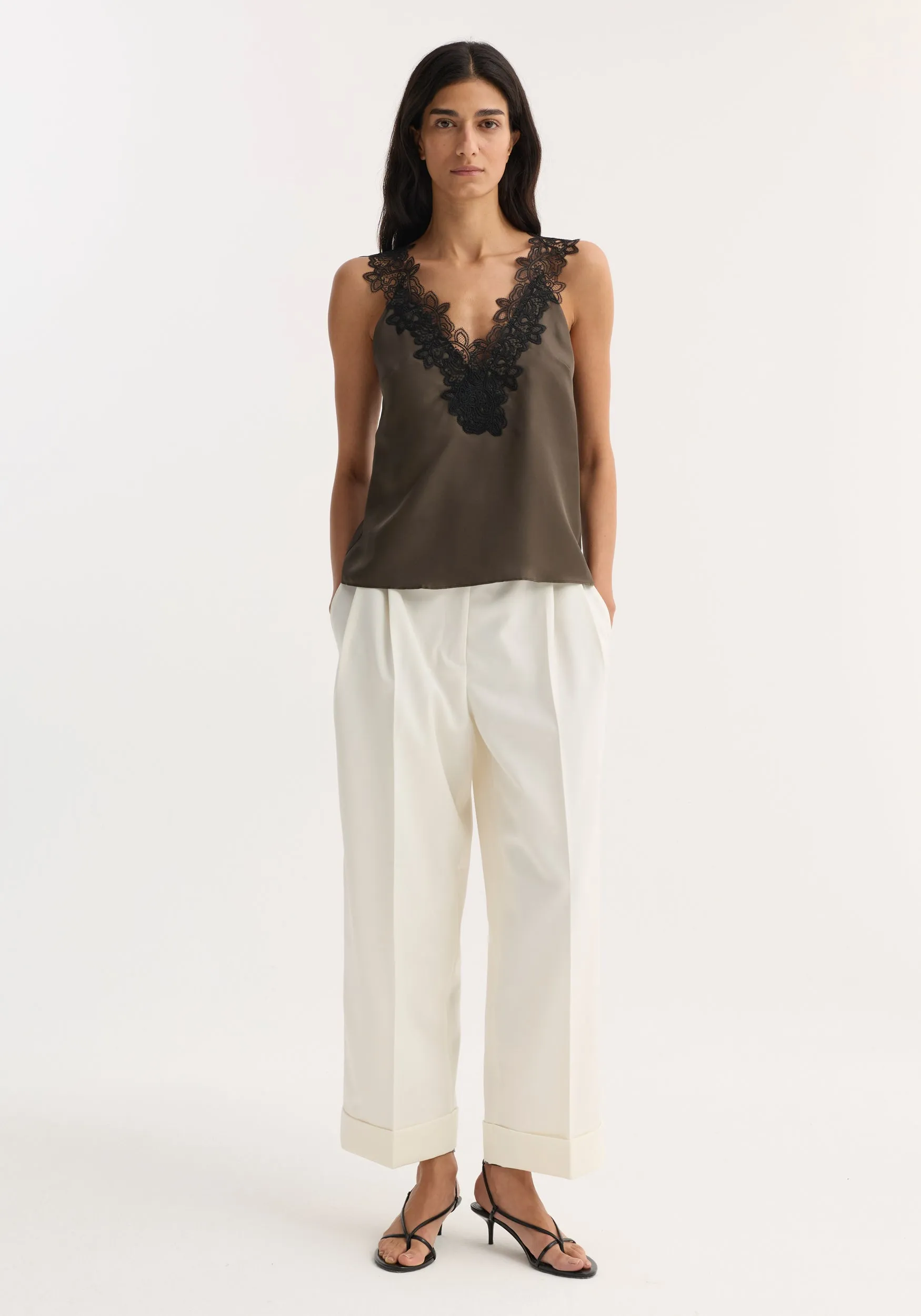 V-neck silk lace top | earth sold by Rohe