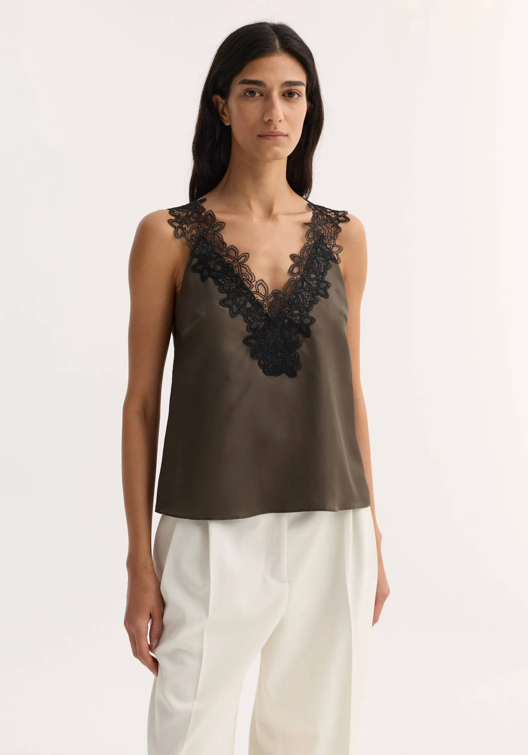 V-neck silk lace top | earth sold by Rohe product image thumbnail 2
