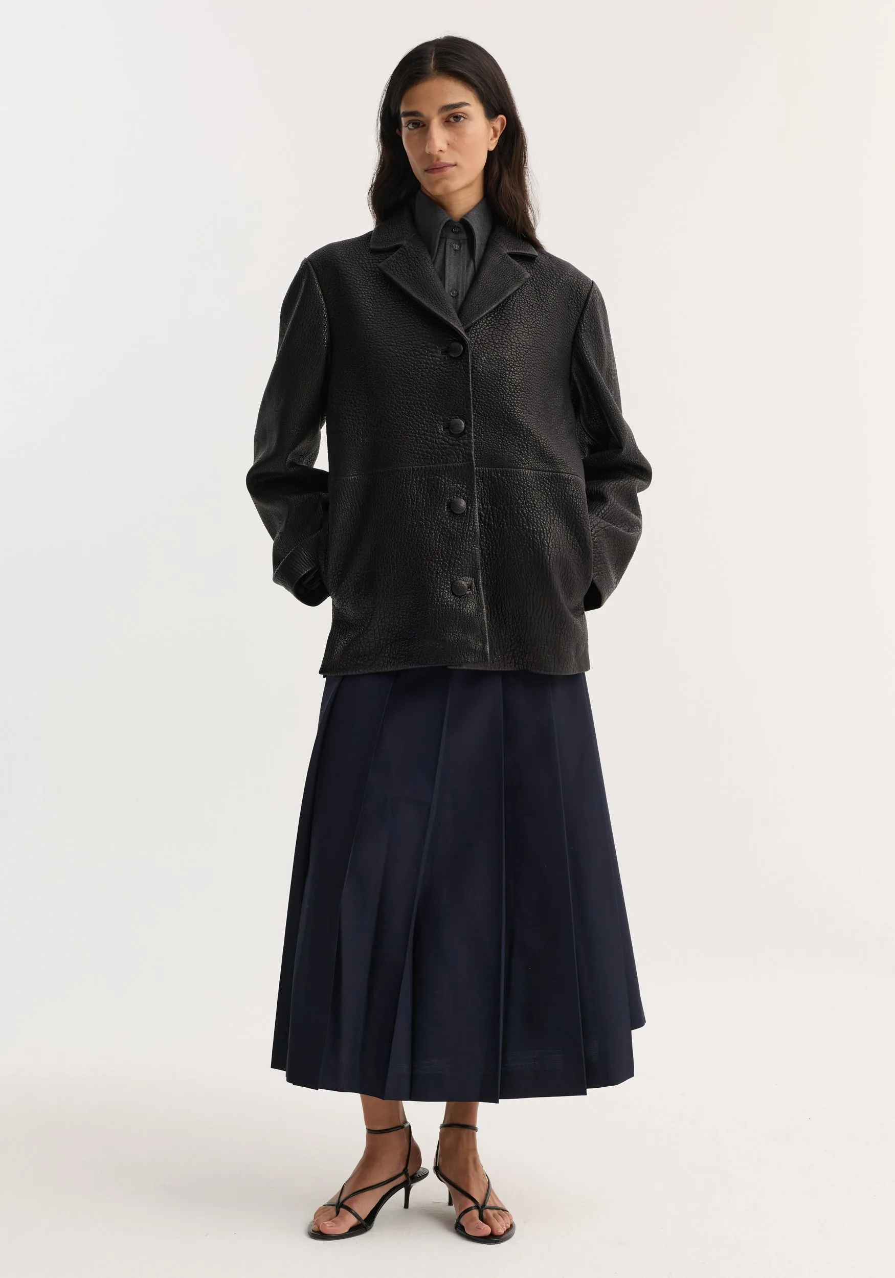 Leather jacket with small lapel | black sold by Rohe