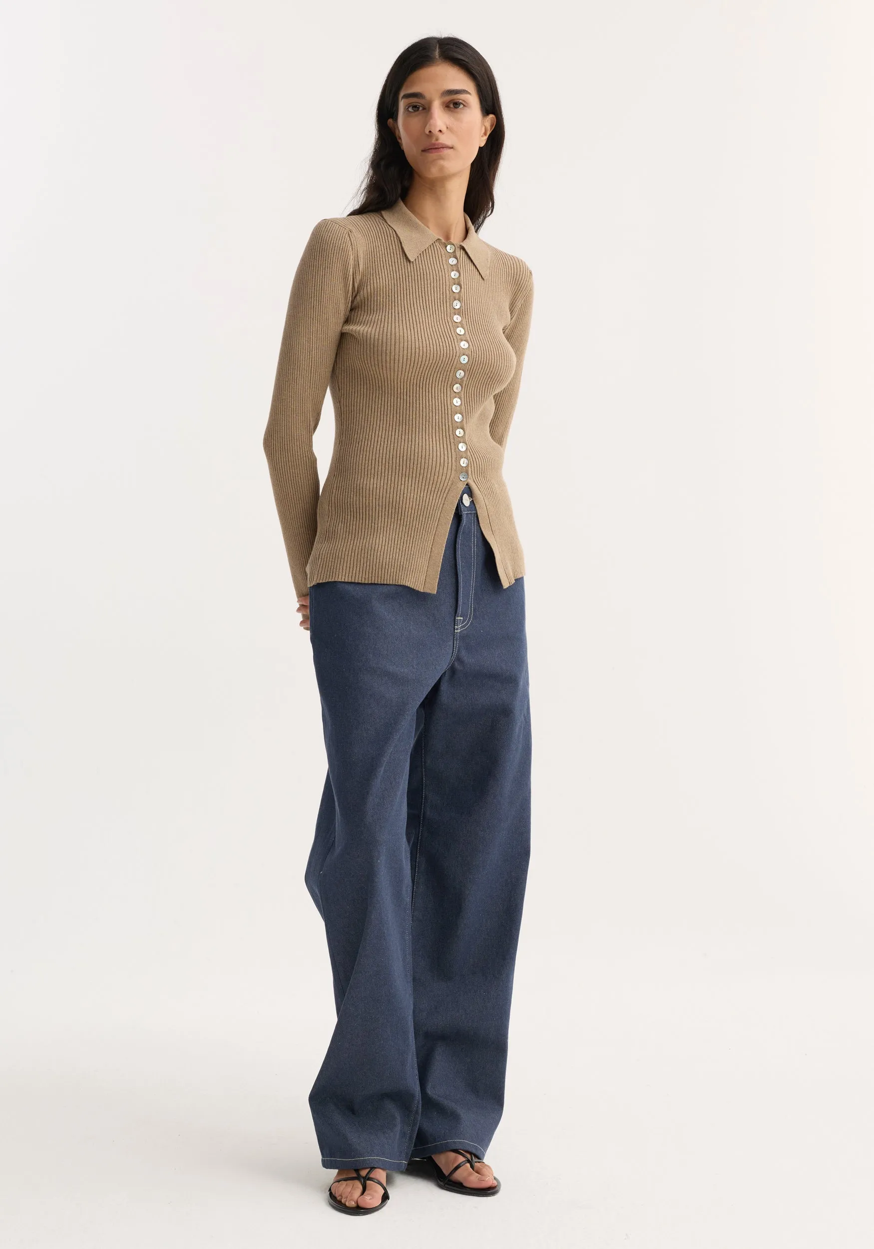 Elongated rib cardigan | taupe melange sold by Rohe