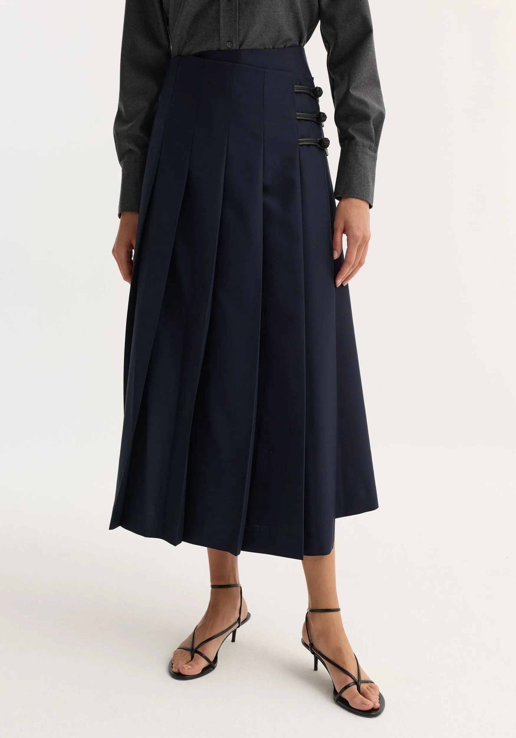Pleated wool skirt with leather closures | navy sold by Rohe product image thumbnail 2