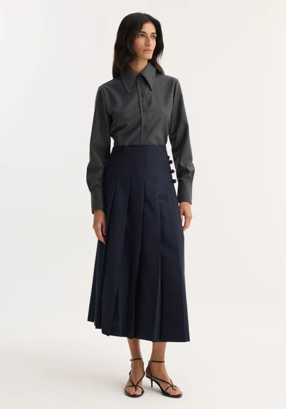 Pleated wool skirt with leather closures | navy made by Rohe