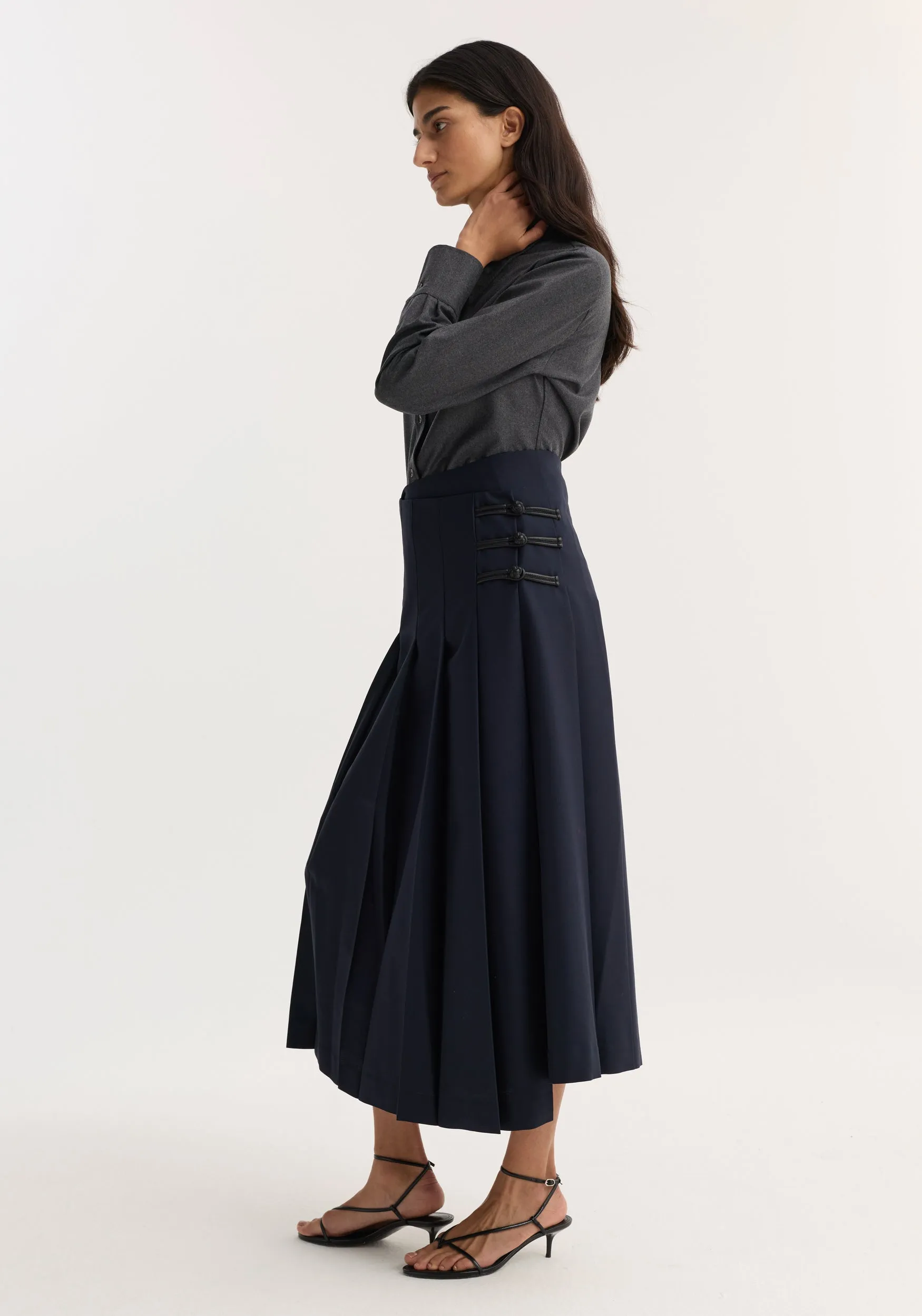 Pleated wool skirt with leather closures | navy sold by Rohe product image thumbnail 3