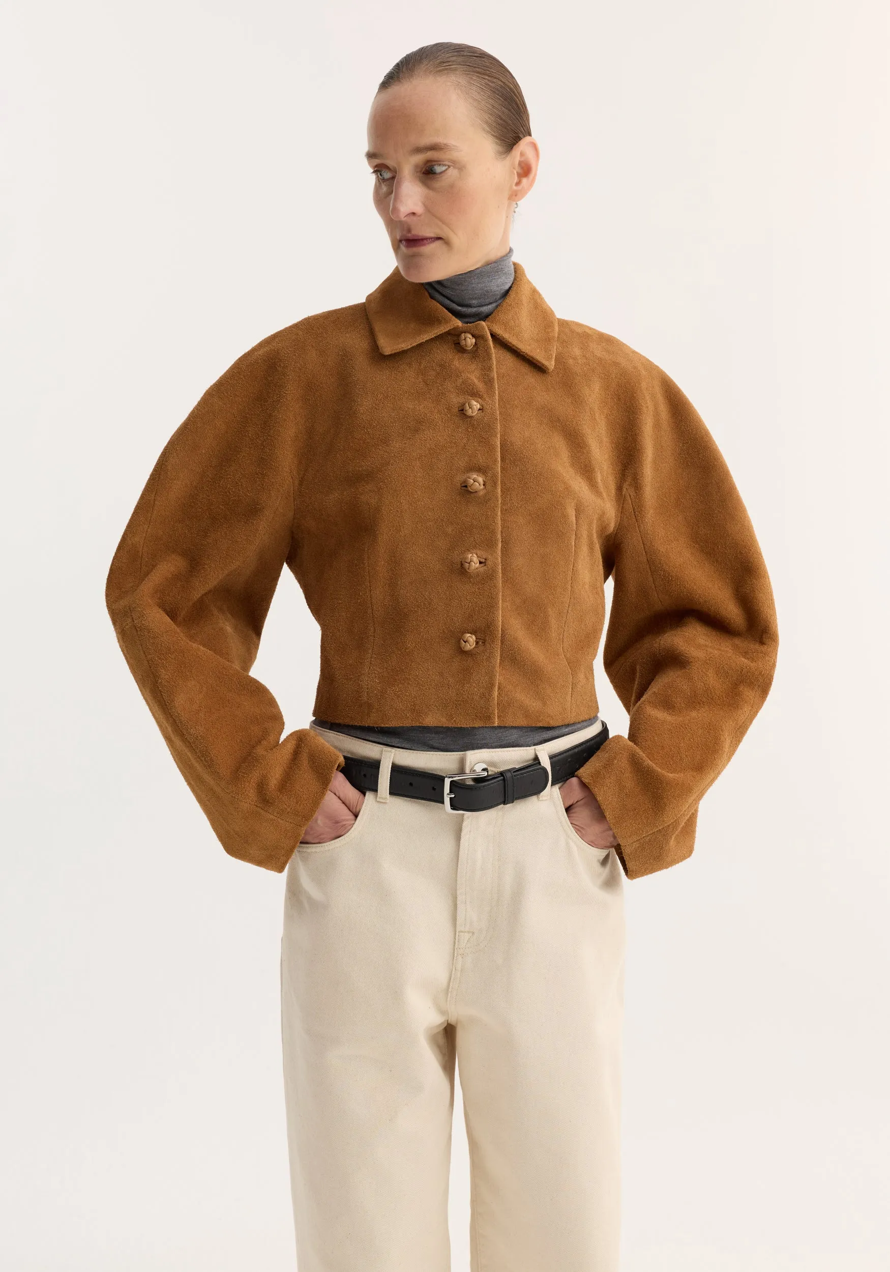 Rounded textured suede jacket | cognac sold by Rohe product image thumbnail 2