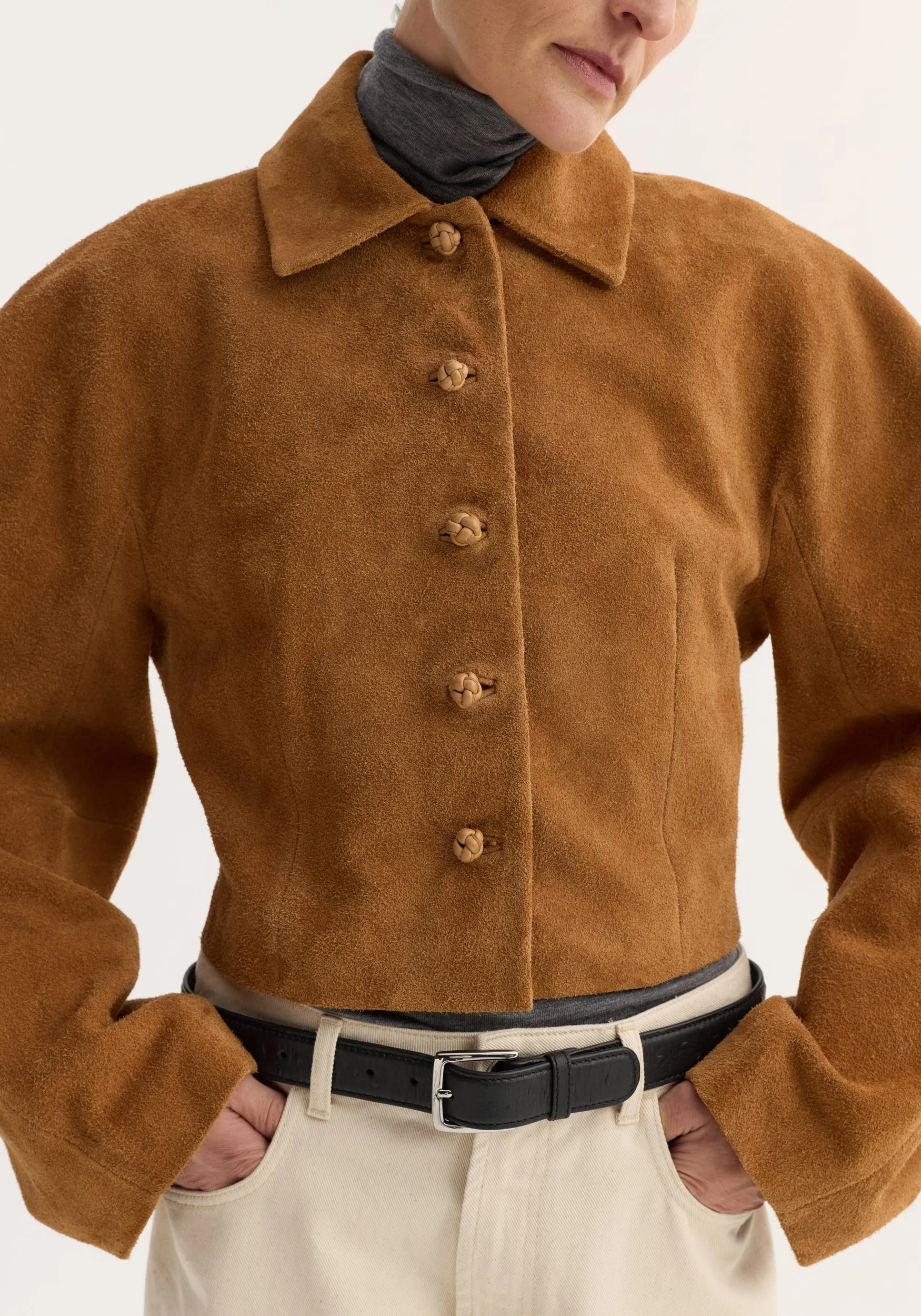 Rounded textured suede jacket | cognac sold by Rohe product image thumbnail 3