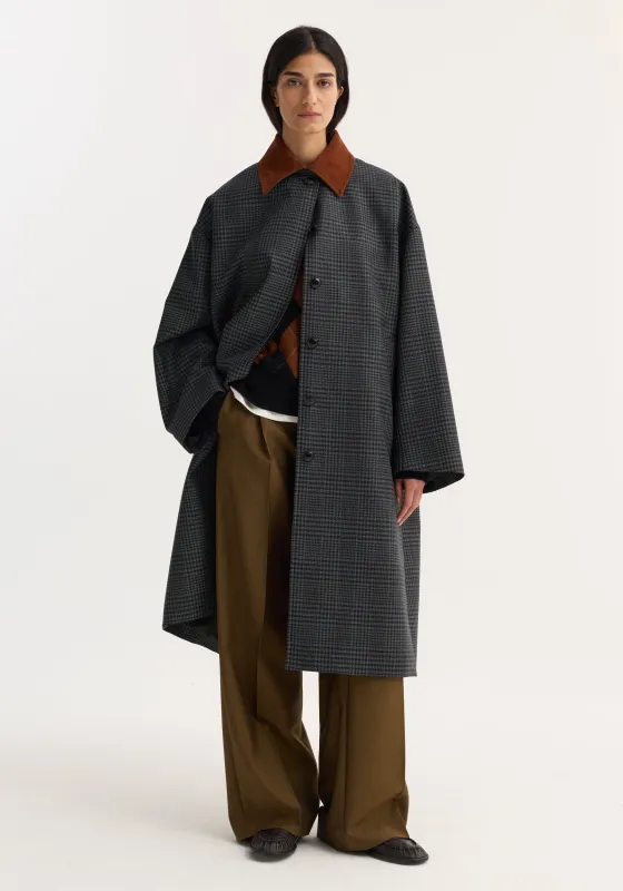 Suede collar check coat | black / grey check made by Rohe