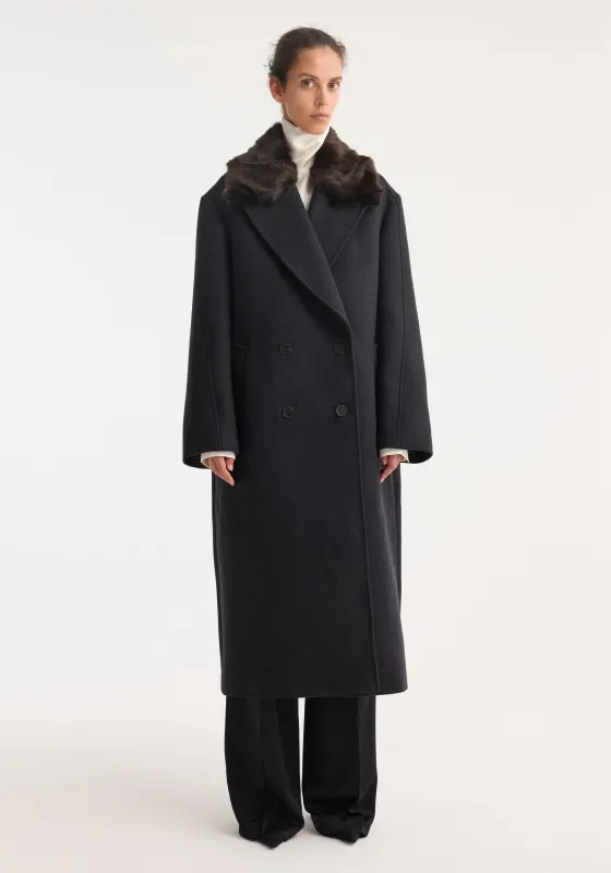 Double-breasted coat with faux fur collar | anthracite melange made by Rohe