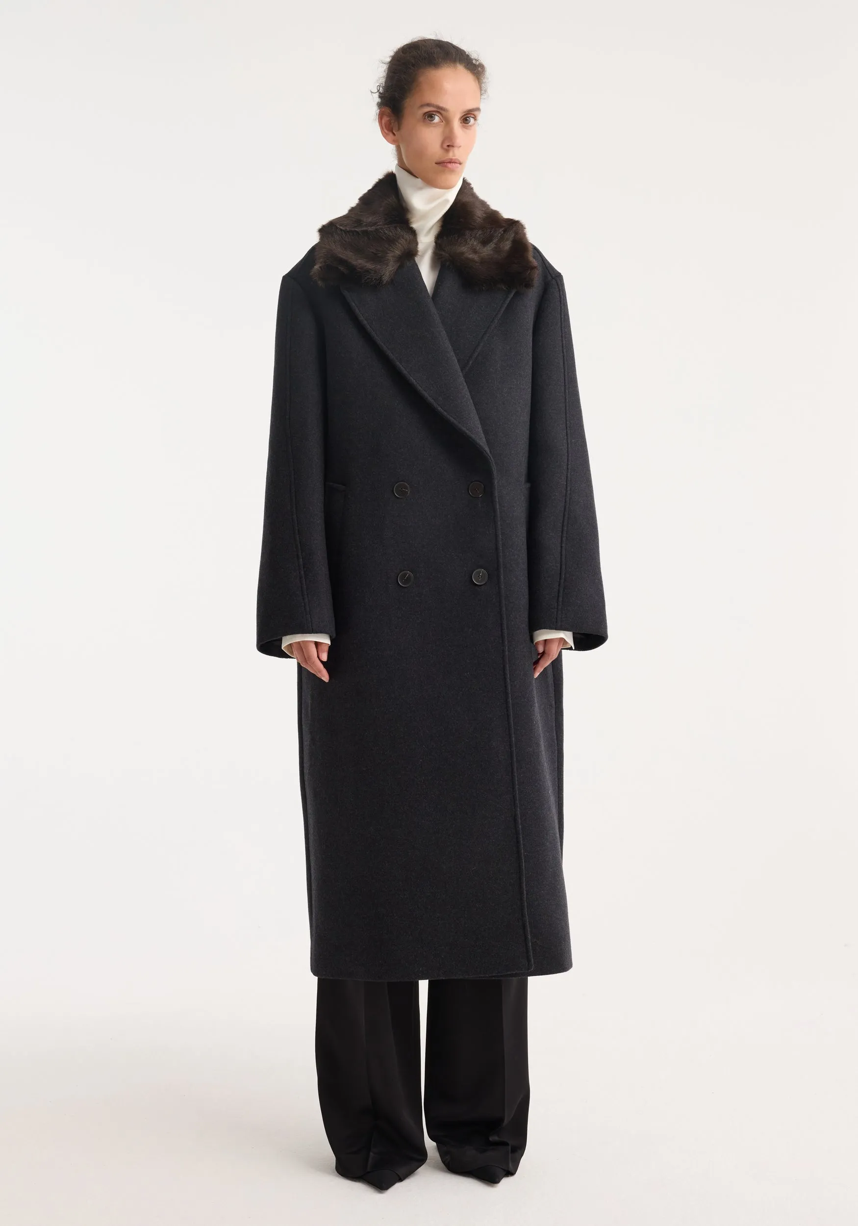 Double-breasted coat with faux fur collar | anthracite melange sold by Rohe
