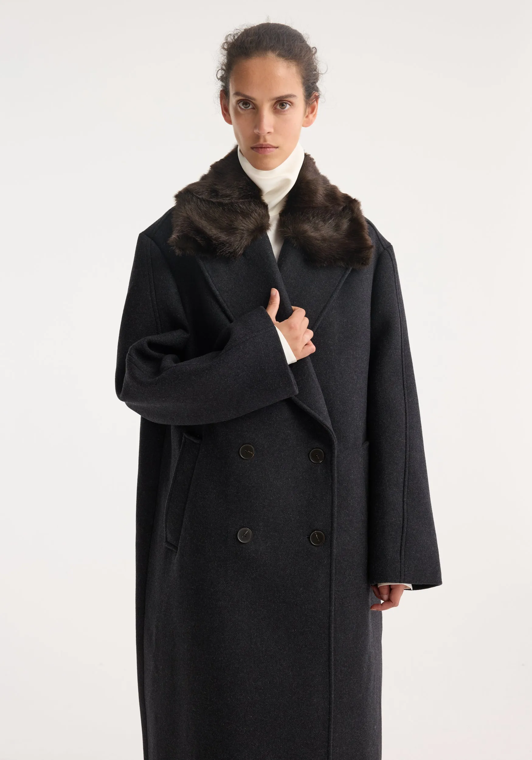 Double-breasted coat with faux fur collar | anthracite melange sold by Rohe product image thumbnail 2