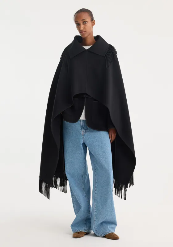 Fringe poncho double-faced wool | black made by Rohe