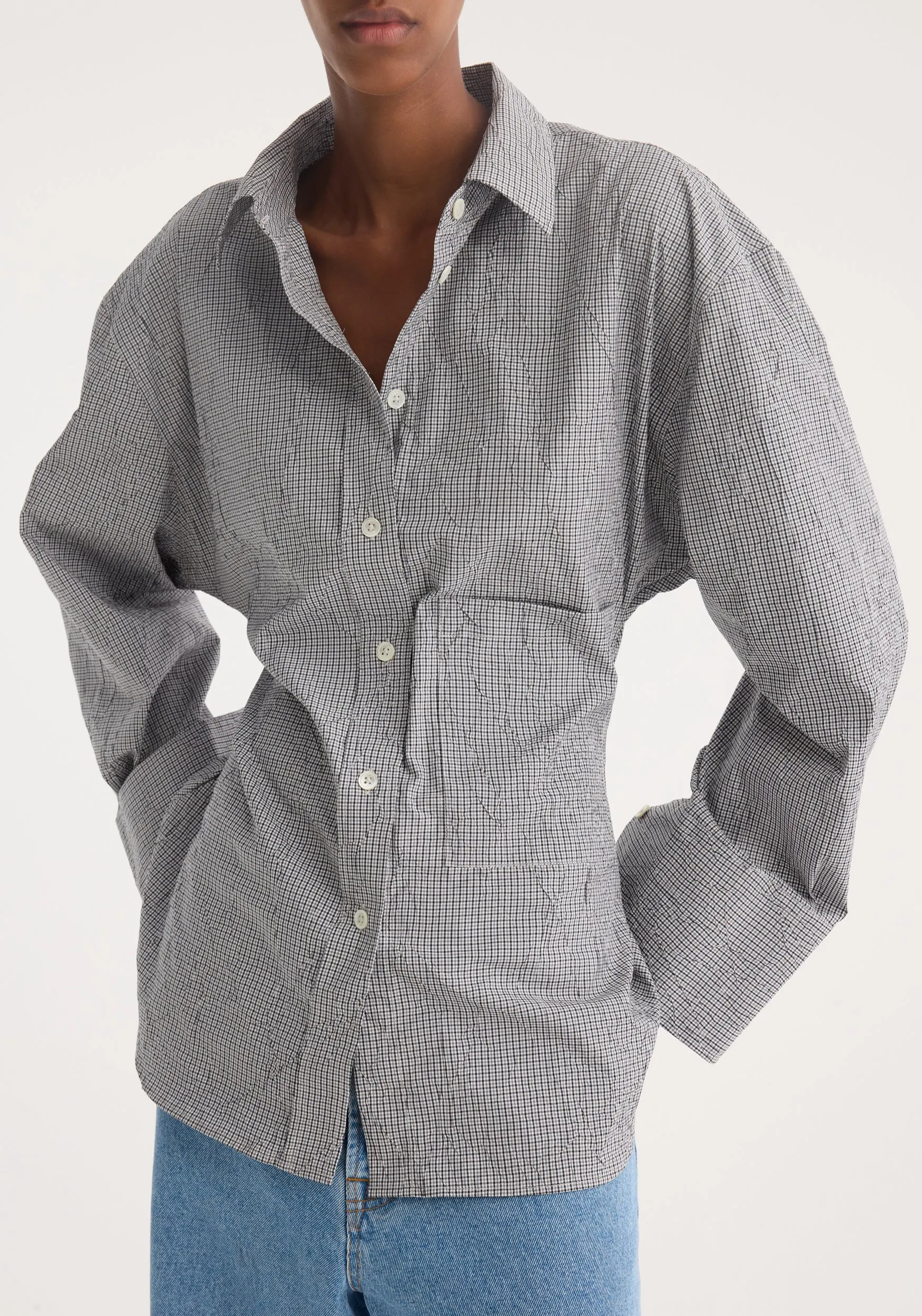 Crushed checked shaped shirt | mini grey check sold by Rohe product image thumbnail 2