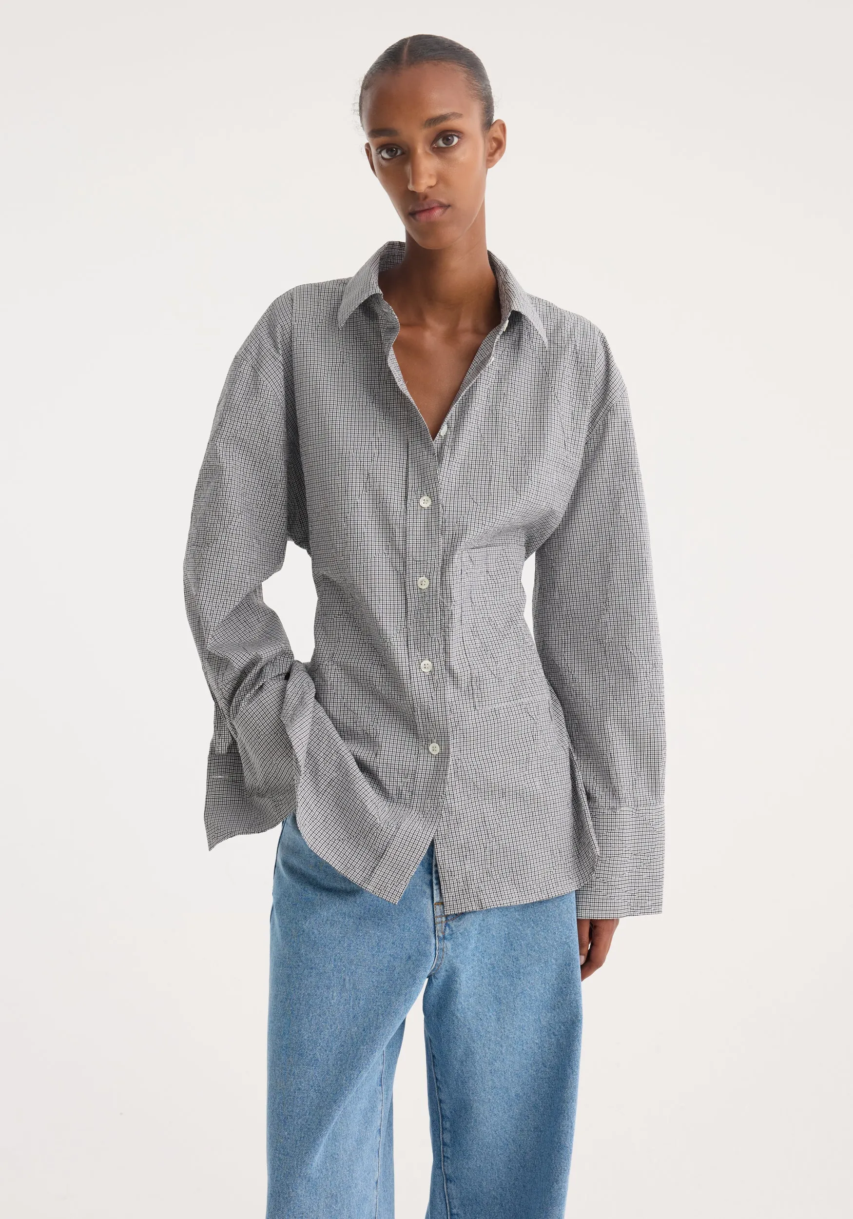 Crushed checked shaped shirt | mini grey check sold by Rohe product image thumbnail 4