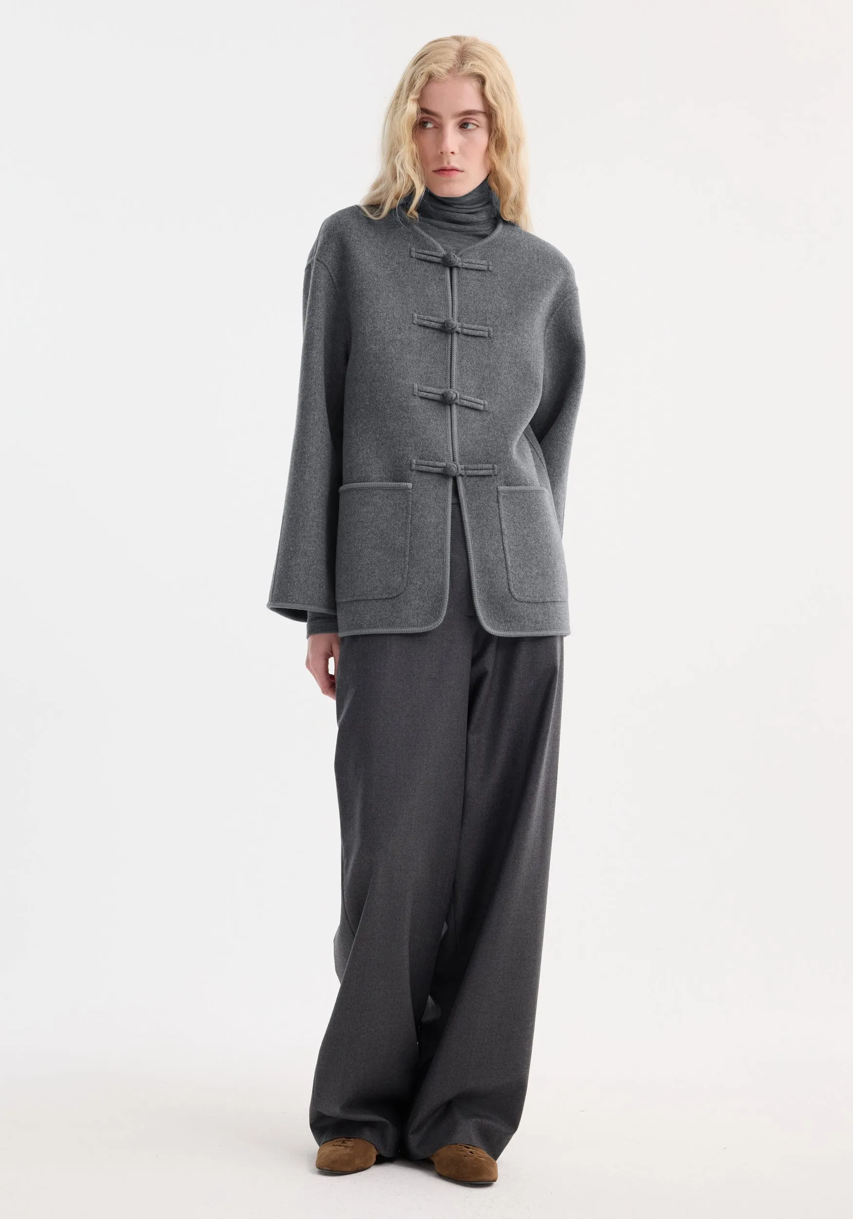Mandarin double-faced wool jacket | mid grey melange sold by Rohe