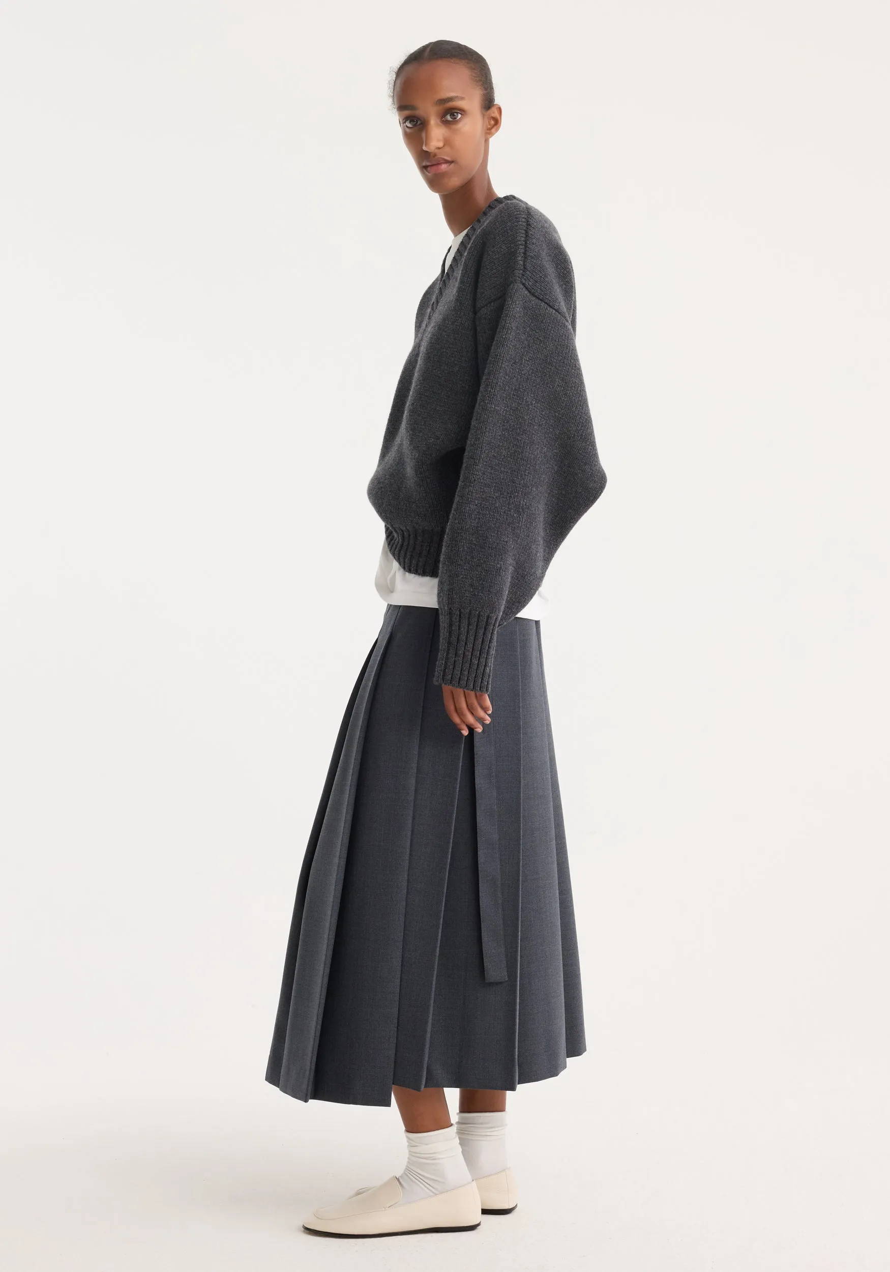 Pleated wrap skirt | dark grey melange sold by Rohe product image thumbnail 4