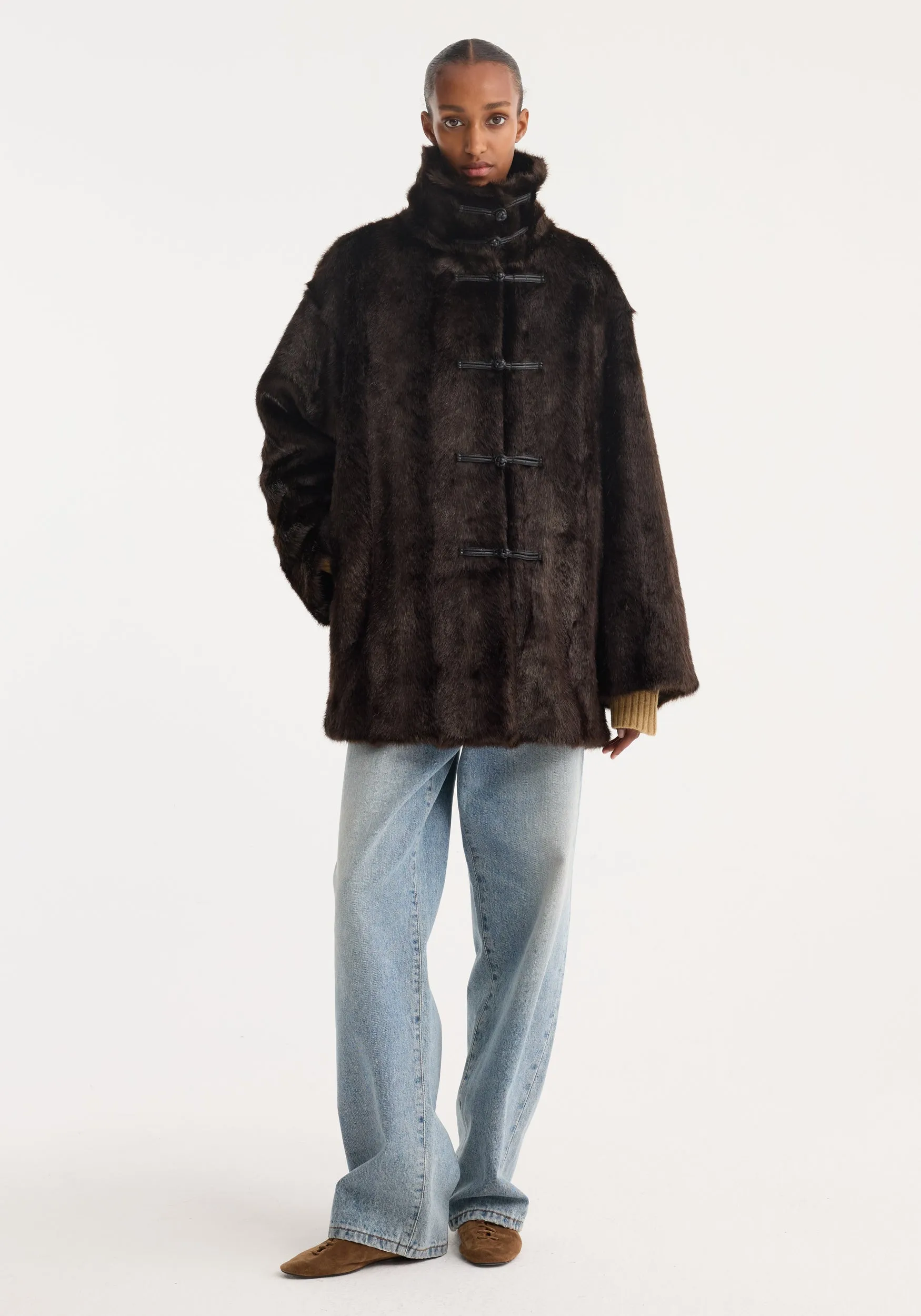 Pankou closure faux fur short coat | dark brown sold by Rohe