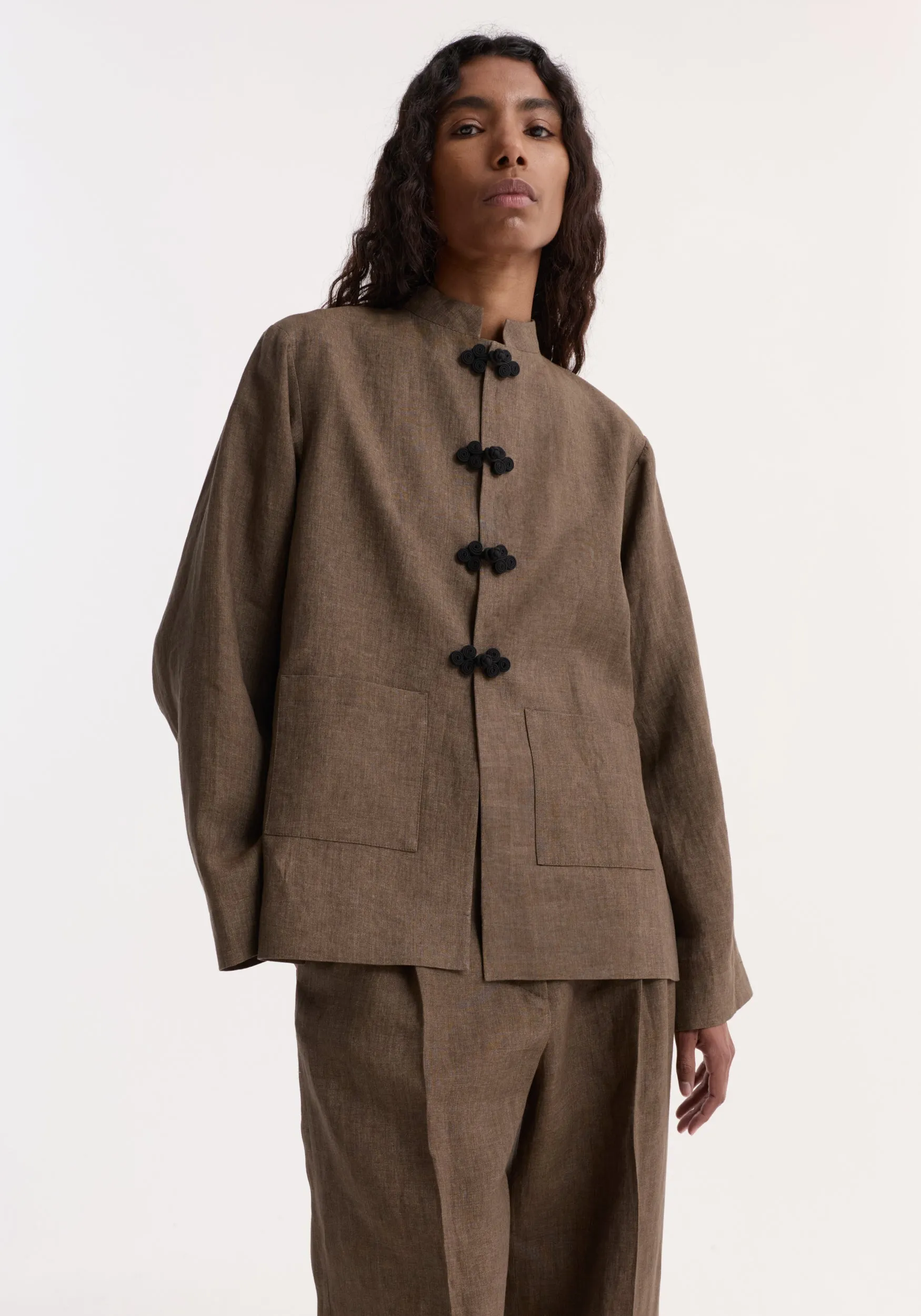 Pankou closure linen jacket | brown melange sold by Rohe product image thumbnail 2