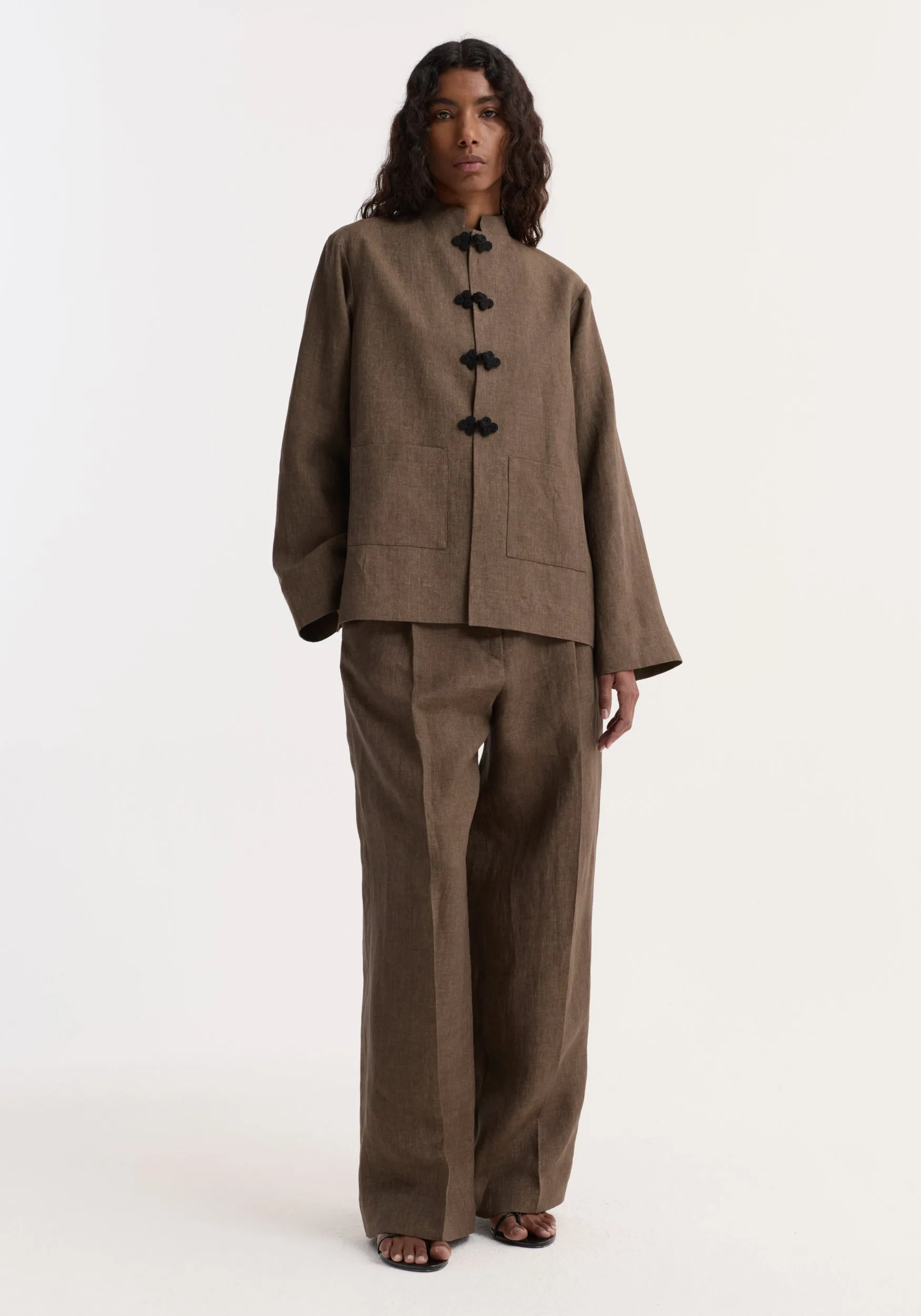 Pankou closure linen jacket | brown melange sold by Rohe
