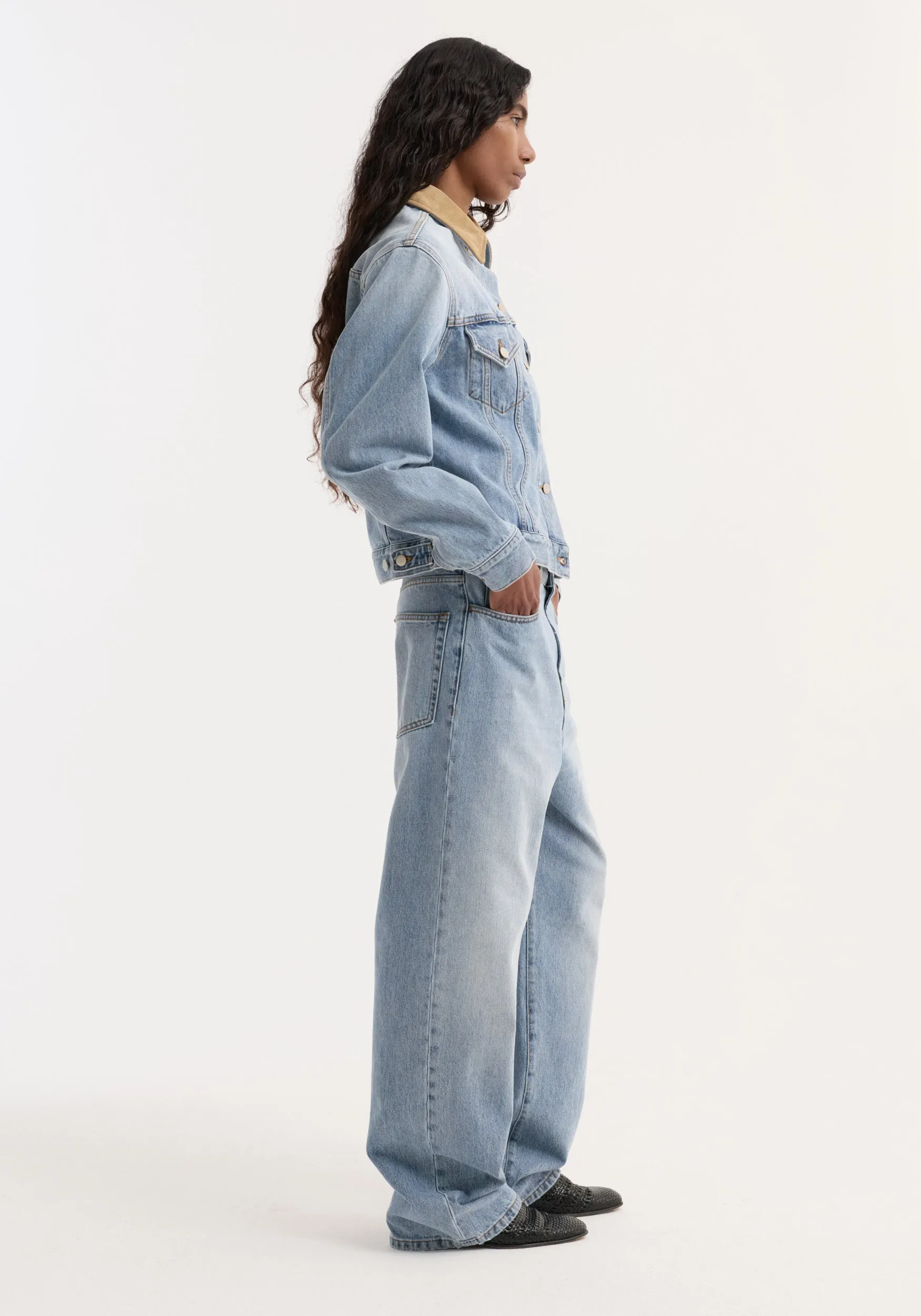 Suede collar fitted denim jacket | classic blue sold by Rohe product image thumbnail 2