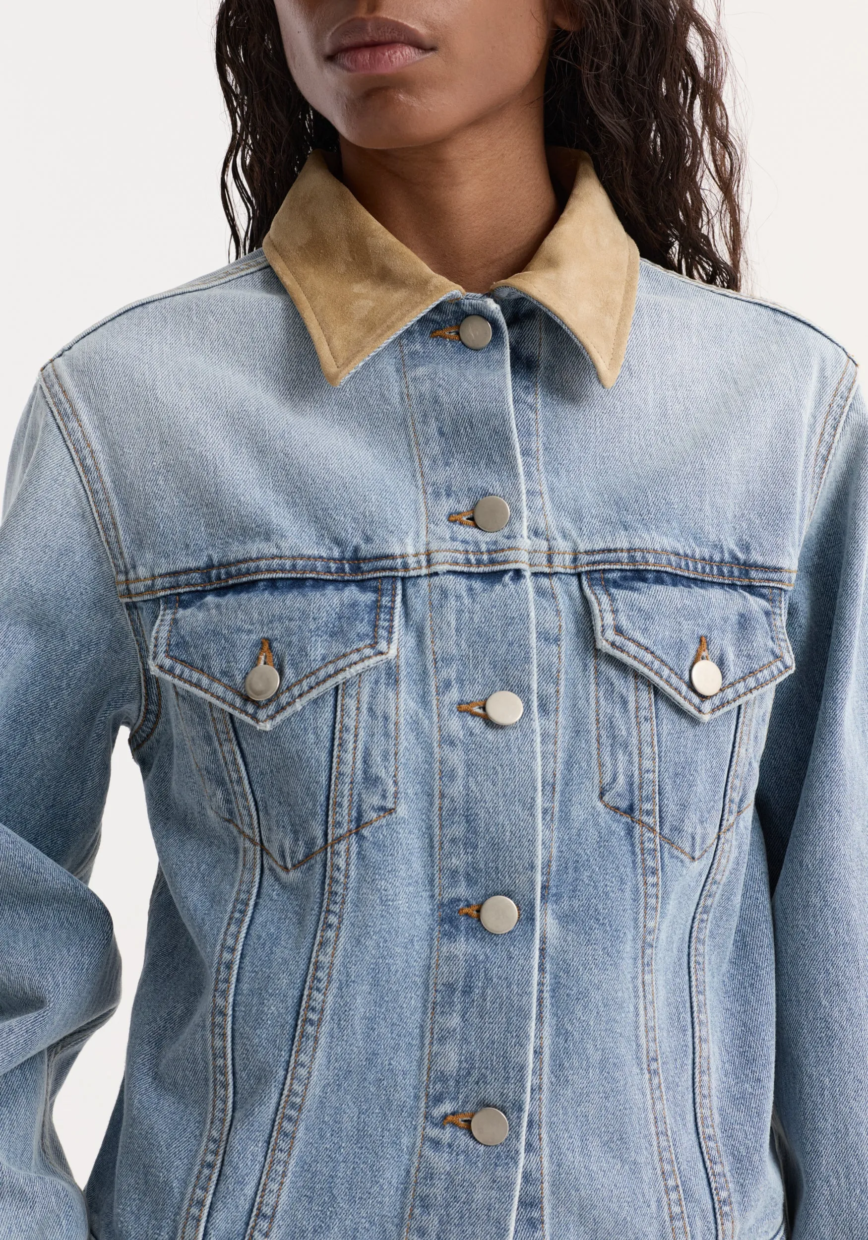 Suede collar fitted denim jacket | classic blue sold by Rohe product image thumbnail 5