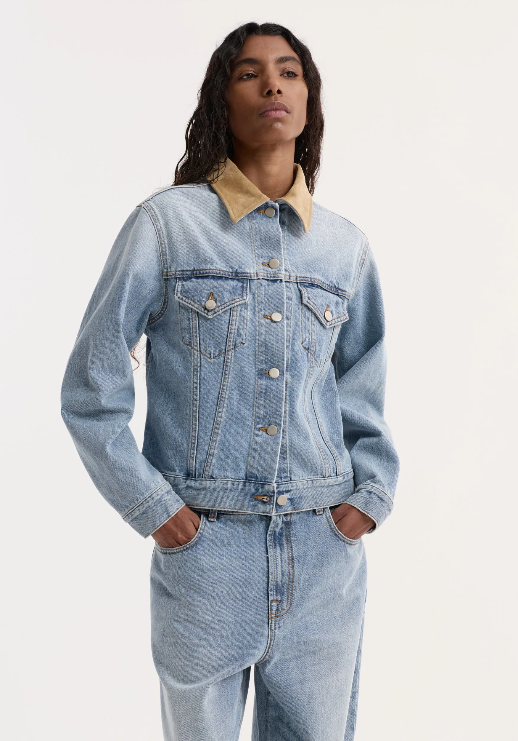 Suede collar fitted denim jacket | classic blue sold by Rohe product image thumbnail 4