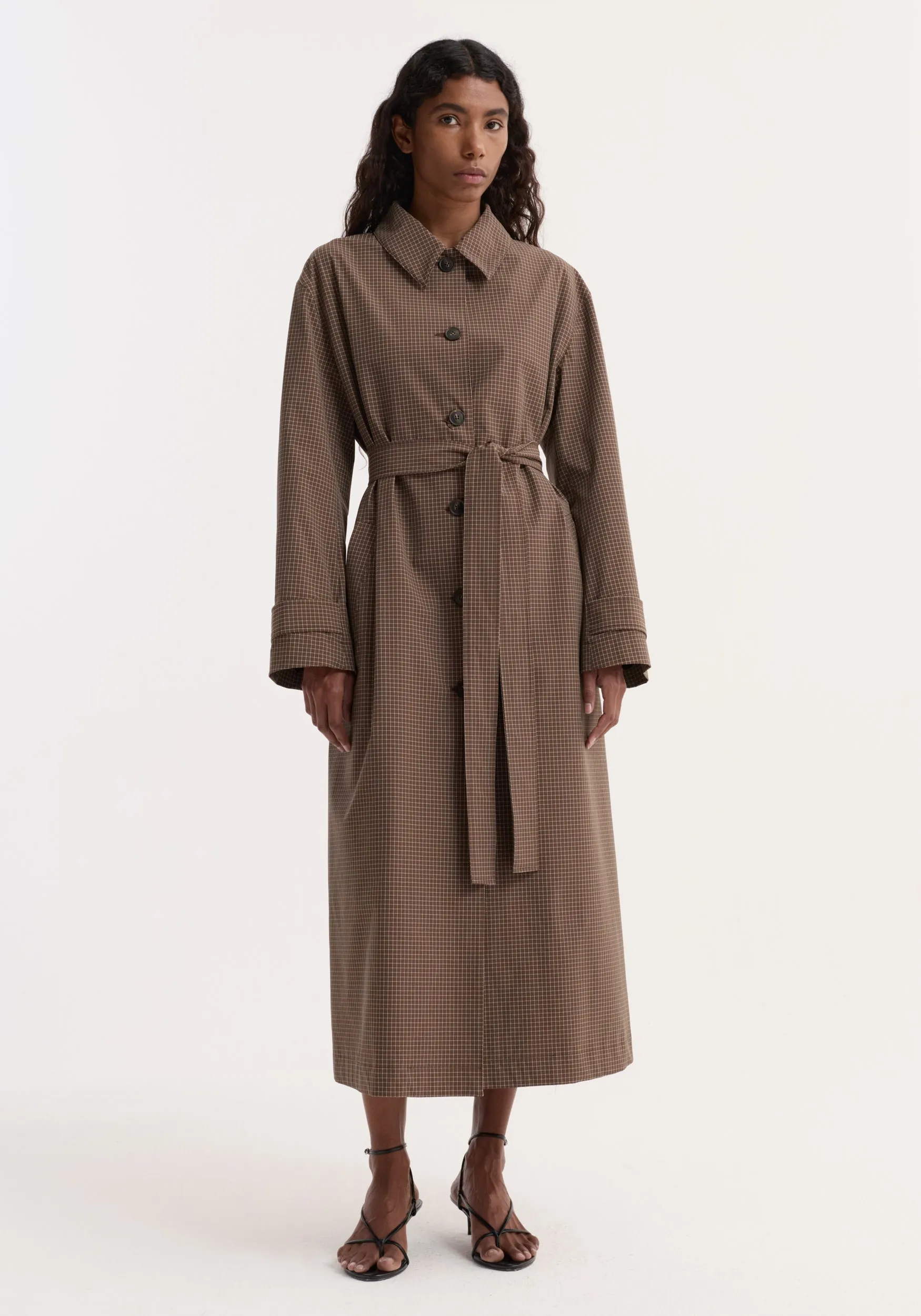Technical check belted coat | brown multi check sold by Rohe product image thumbnail 3