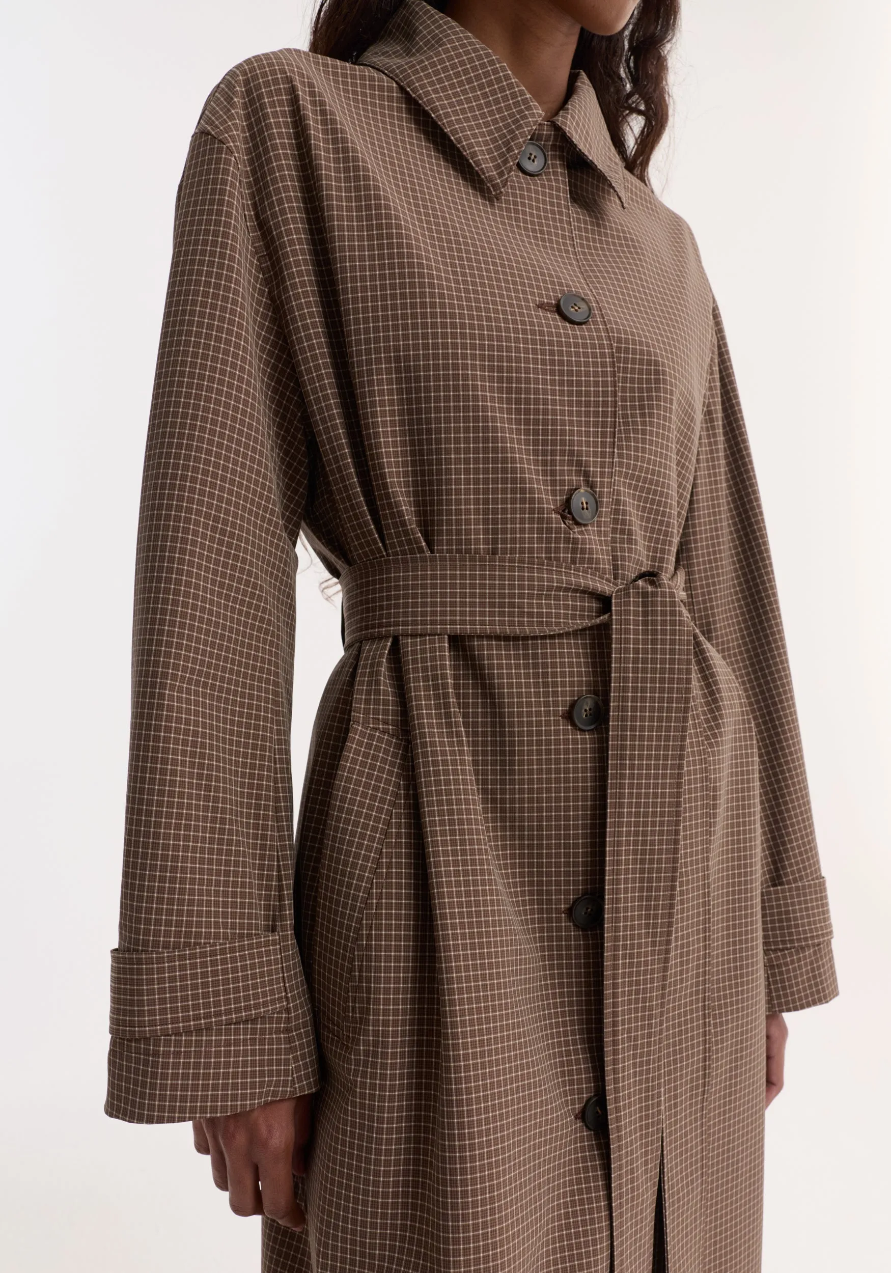 Technical check belted coat | brown multi check sold by Rohe product image thumbnail 5