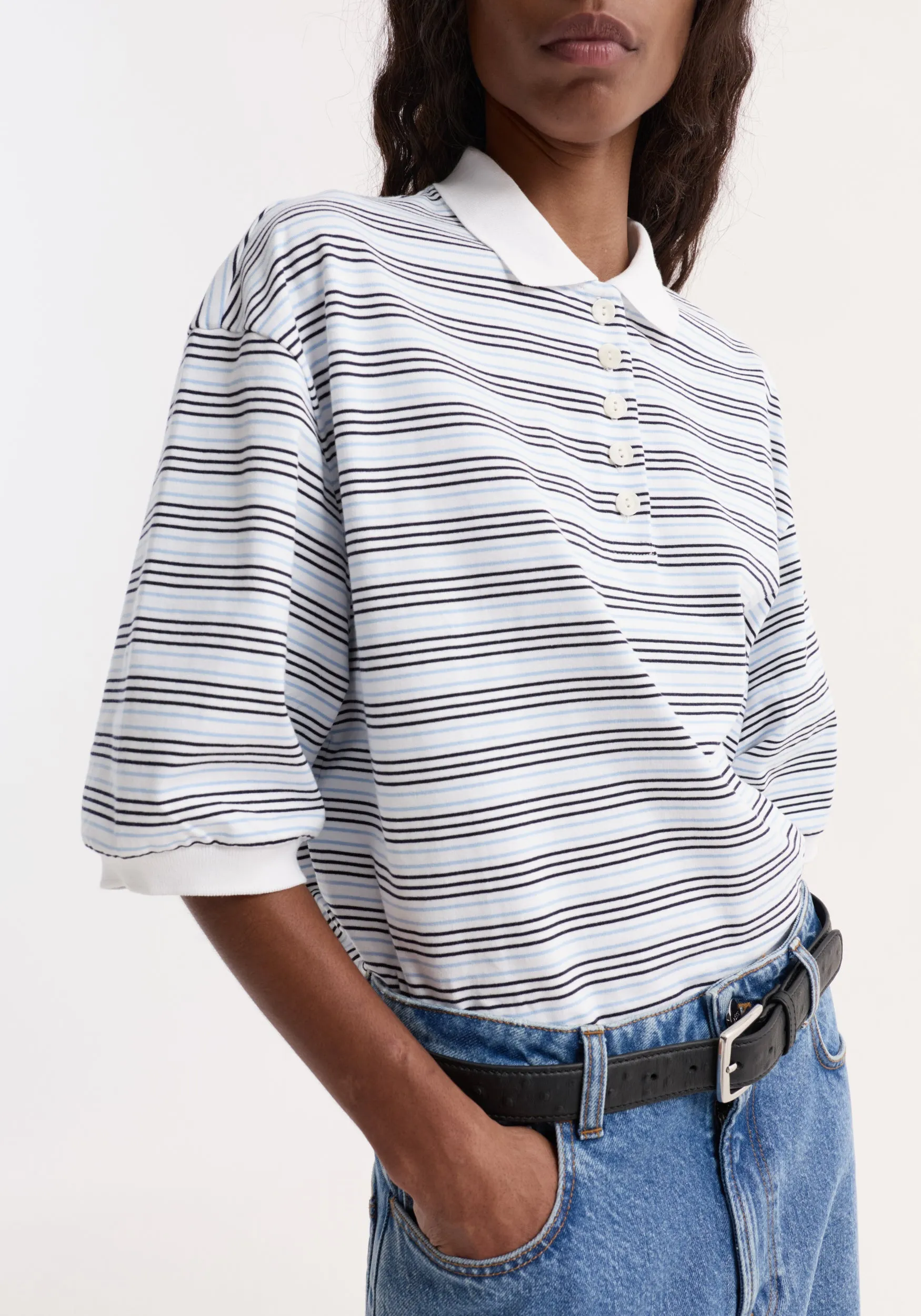 Striped oversized polo | white / blue multi stripe sold by Rohe product image thumbnail 3