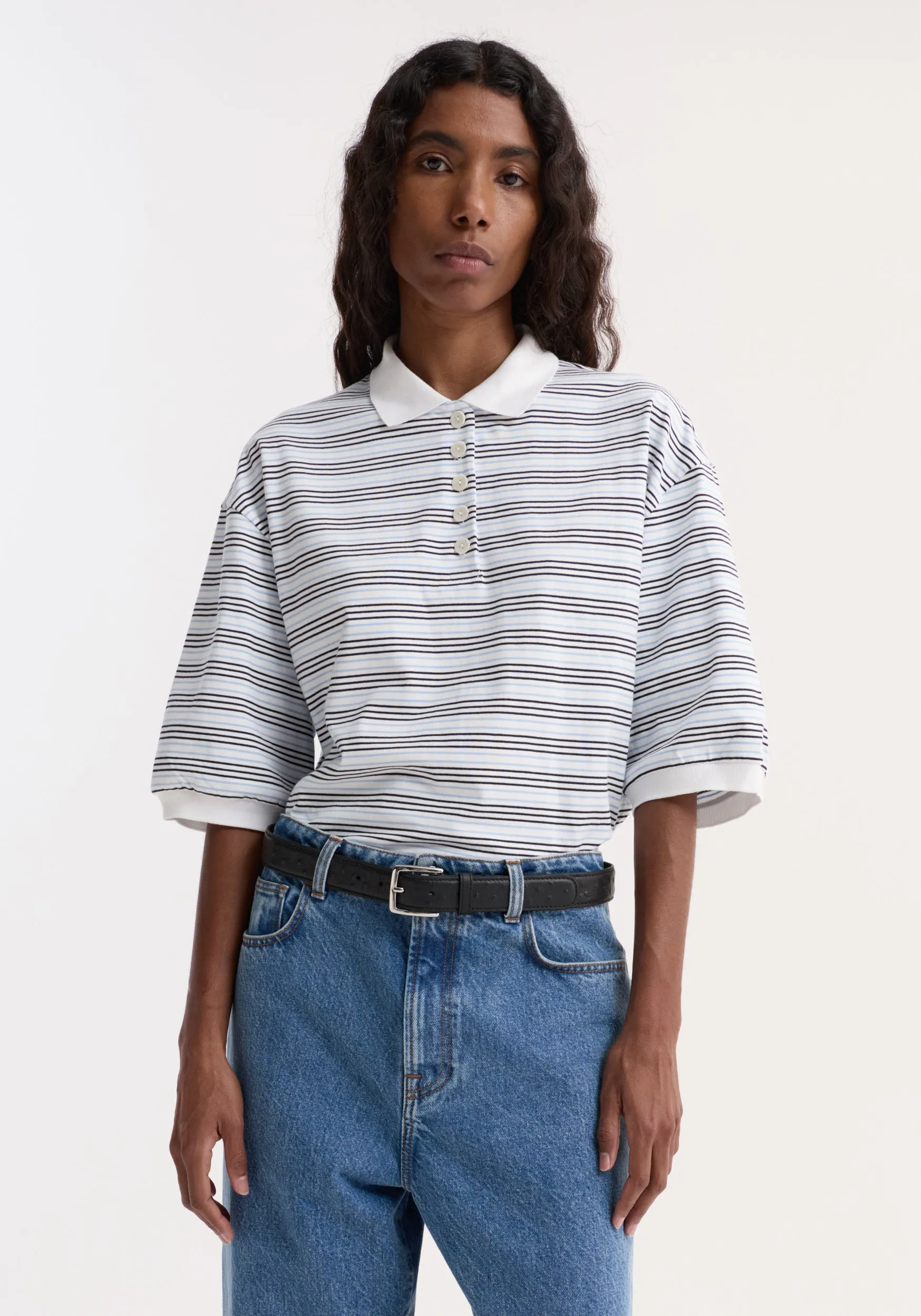 Striped oversized polo | white / blue multi stripe sold by Rohe product image thumbnail 2