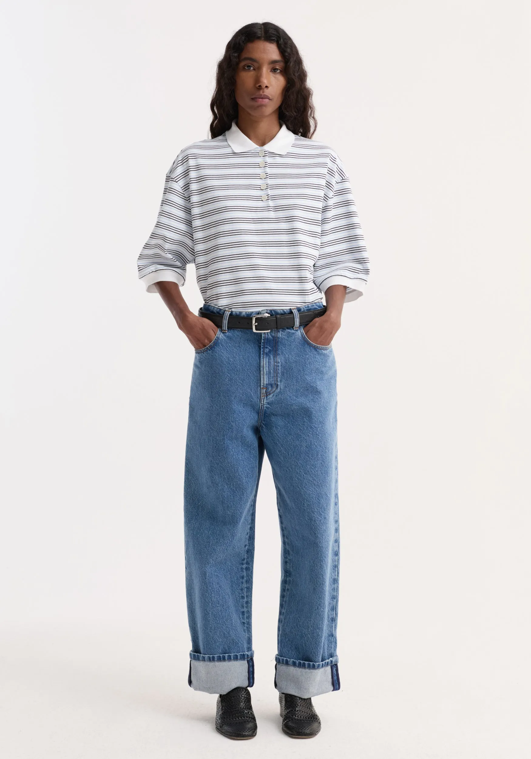 Striped oversized polo | white / blue multi stripe sold by Rohe
